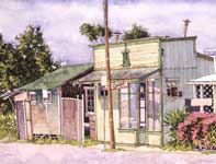Painting by Eddie Flotte: Kitada's with Pink Bushes