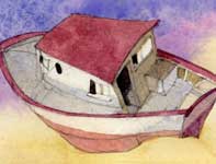 Painting by Eddie Flotte: Red and White Sky Boat